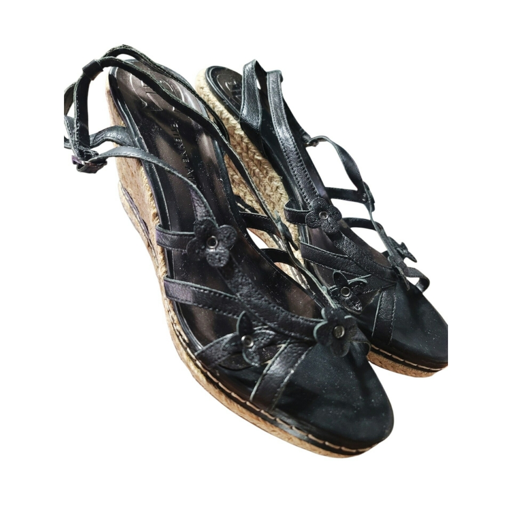 Etienne Aigner "Kelly" Black Leather Strappy Wedge Sandals Size 9.5